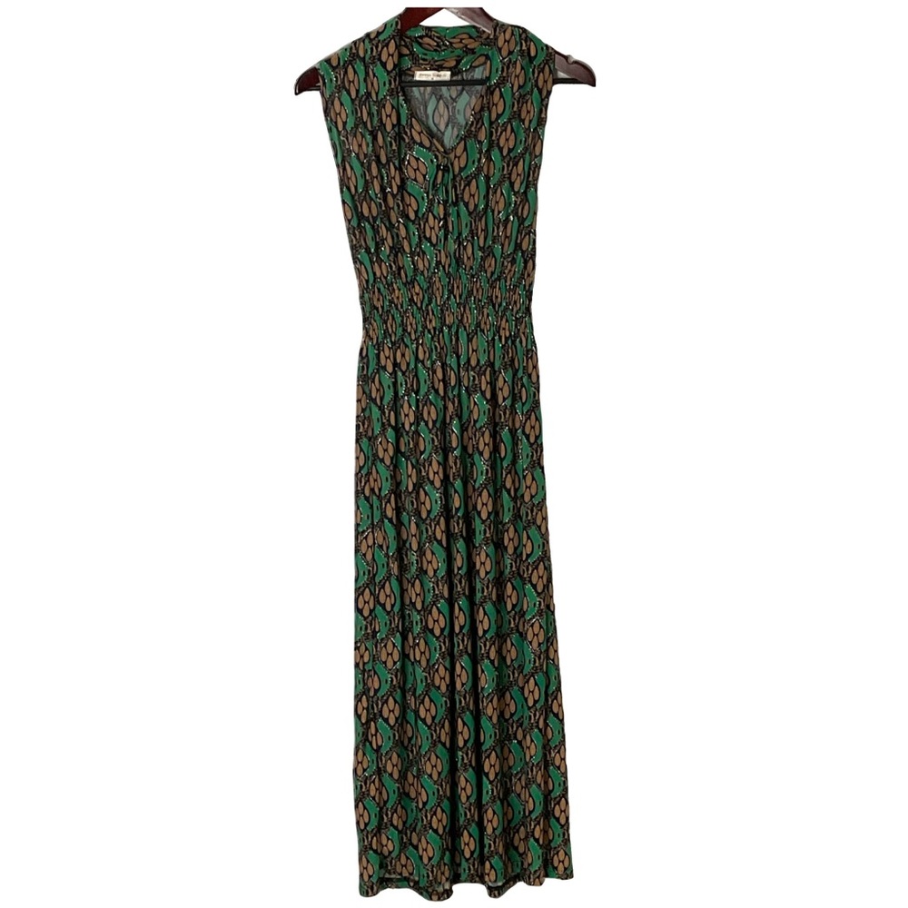 Seven Islands Sleeveless Green, Navy Blue, Tan with Silver Printed Maxi Dress M